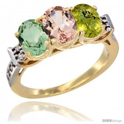 10K Yellow Gold Natural Green Amethyst, Morganite & Lemon Quartz Ring 3-Stone Oval 7x5 mm Diamond Accent