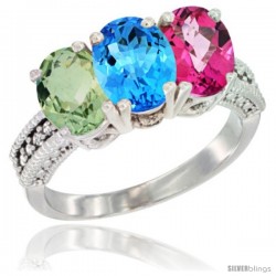 14K White Gold Natural Green Amethyst, Swiss Blue Topaz & Pink Topaz Ring 3-Stone 7x5 mm Oval Diamond Accent