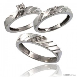 10k White Gold 3-Pc. Trio His (5mm) & Hers (4mm) Diamond Wedding Ring Band Set, w/ 0.075 Carat Brilliant Cut Diamonds