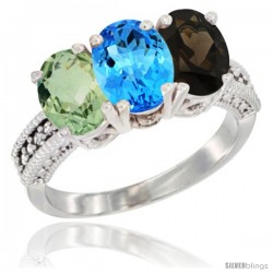 14K White Gold Natural Green Amethyst, Swiss Blue Topaz & Smoky Topaz Ring 3-Stone 7x5 mm Oval Diamond Accent