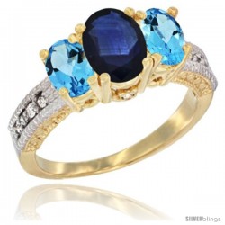 14k Yellow Gold Ladies Oval Natural Blue Sapphire 3-Stone Ring with Swiss Blue Topaz Sides Diamond Accent