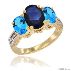 14K Yellow Gold Ladies 3-Stone Oval Natural Blue Sapphire Ring with Swiss Blue Topaz Sides Diamond Accent