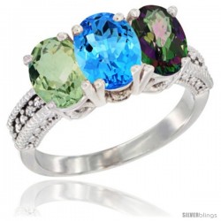 14K White Gold Natural Green Amethyst, Swiss Blue Topaz & Mystic Topaz Ring 3-Stone 7x5 mm Oval Diamond Accent