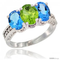 14K White Gold Natural Peridot & Swiss Blue Topaz Sides Ring 3-Stone 7x5 mm Oval Diamond Accent