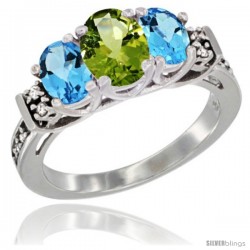 14K White Gold Natural Peridot & Swiss Blue Topaz Ring 3-Stone Oval with Diamond Accent