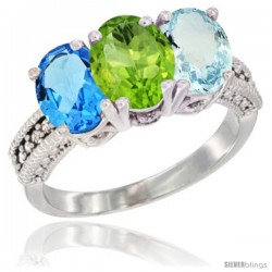 14K White Gold Natural Swiss Blue Topaz, Peridot & Aquamarine Ring 3-Stone 7x5 mm Oval Diamond Accent