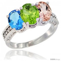 14K White Gold Natural Swiss Blue Topaz, Peridot & Morganite Ring 3-Stone 7x5 mm Oval Diamond Accent