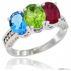 14K White Gold Natural Swiss Blue Topaz, Peridot & Ruby Ring 3-Stone 7x5 mm Oval Diamond Accent