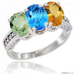 14K White Gold Natural Green Amethyst, Swiss Blue Topaz & Citrine Ring 3-Stone 7x5 mm Oval Diamond Accent