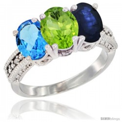 14K White Gold Natural Swiss Blue Topaz, Peridot & Blue Sapphire Ring 3-Stone 7x5 mm Oval Diamond Accent