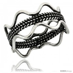 Sterling Silver Wavy Ring Band w/ Rope Design Center, 7/16 in. (11 mm) wide