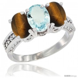 10K White Gold Natural Aquamarine & Tiger Eye Ring 3-Stone Oval 7x5 mm Diamond Accent