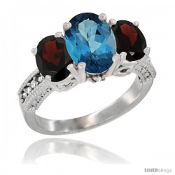 14K White Gold Ladies 3-Stone Oval Natural London Blue Topaz Ring with Garnet Sides Diamond Accent