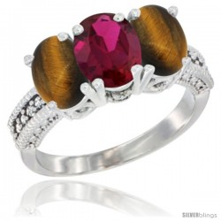 10K White Gold Natural Ruby & Tiger Eye Ring 3-Stone Oval 7x5 mm Diamond Accent