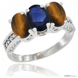 10K White Gold Natural Blue Sapphire & Tiger Eye Ring 3-Stone Oval 7x5 mm Diamond Accent