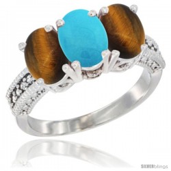 10K White Gold Natural Turquoise & Tiger Eye Ring 3-Stone Oval 7x5 mm Diamond Accent