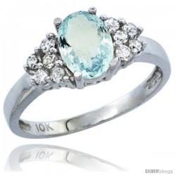 14k White Gold Ladies Natural Aquamarine Ring oval 8x6 Stone Diamond Accent