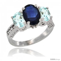 14K White Gold Ladies 3-Stone Oval Natural Blue Sapphire Ring with Aquamarine Sides Diamond Accent