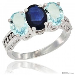 14K White Gold Natural Blue Sapphire & Aquamarine Sides Ring 3-Stone Oval 7x5 mm Diamond Accent