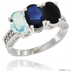 14K White Gold Natural Aquamarine, Blue Sapphire & Black Onyx Ring 3-Stone Oval 7x5 mm Diamond Accent