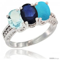 14K White Gold Natural Aquamarine, Blue Sapphire & Turquoise Ring 3-Stone Oval 7x5 mm Diamond Accent