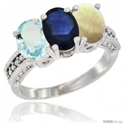 14K White Gold Natural Aquamarine, Blue Sapphire & Opal Ring 3-Stone Oval 7x5 mm Diamond Accent