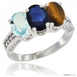 14K White Gold Natural Aquamarine, Blue Sapphire & Tiger Eye Ring 3-Stone Oval 7x5 mm Diamond Accent