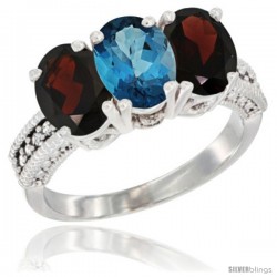 14K White Gold Natural London Blue Topaz & Garnet Sides Ring 3-Stone 7x5 mm Oval Diamond Accent