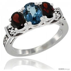 14K White Gold Natural London Blue Topaz & Garnet Ring 3-Stone Oval with Diamond Accent