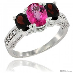 14k White Gold Ladies Oval Natural Pink Topaz 3-Stone Ring with Garnet Sides Diamond Accent