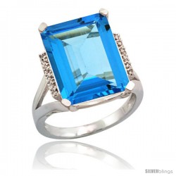 Sterling Silver Diamond Natural Swiss Blue Topaz Ring 12 ct Natural Emerald Cut 16x12 stone 3/4 in wide