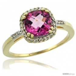 10k Yellow Gold Diamond Pink Topaz Ring 1.5 ct Checkerboard Cut Cushion Shape 7 mm, 3/8 in wide