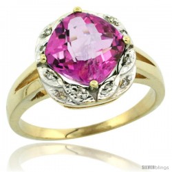 10k Yellow Gold Diamond Halo Pink Topaz Ring 2.7 ct Checkerboard Cut Cushion Shape 8 mm, 1/2 in wide