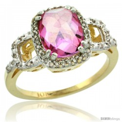 10k Yellow Gold Diamond Pink Topaz Ring 2 ct Checkerboard Cut Cushion Shape 9x7 mm, 1/2 in wide