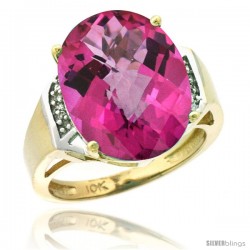 10k Yellow Gold Diamond Pink Topaz Ring 9.7 ct Large Oval Stone 16x12 mm, 5/8 in wide