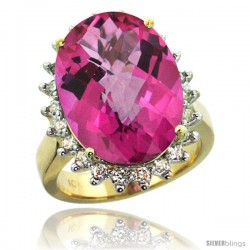 10k Yellow Gold Diamond Halo Pink Topaz Ring 10 ct Large Oval Stone 18x13 mm, 7/8 in wide