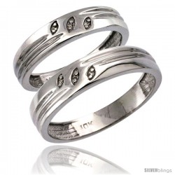 10k White Gold 2-Pc His (5mm) & Hers (4.5mm) Diamond Wedding Ring Band Set w/ 0.045 Carat Brilliant Cut Diamonds