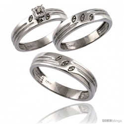 10k White Gold 3-Pc. Trio His (5mm) & Hers (4.5mm) Diamond Wedding Ring Band Set, w/ 0.075 Carat Brilliant Cut Diamonds