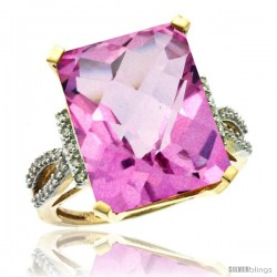 10k Yellow Gold Diamond Pink Topaz Ring 12 ct Emerald Shape 16x12 Stone 3/4 in wide