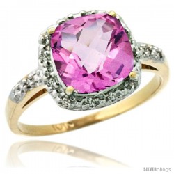 10k Yellow Gold Diamond Pink Topaz Ring 2.08 ct Cushion cut 8 mm Stone 1/2 in wide