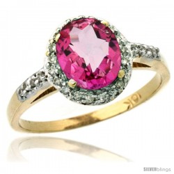 10k Yellow Gold Diamond Pink Topaz Ring Oval Stone 8x6 mm 1.17 ct 3/8 in wide