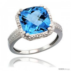 Sterling Silver Diamond Natural Swiss Blue Topaz Ring 5.94 ct Checkerboard Cushion 11 mm Stone 1/2 in wide