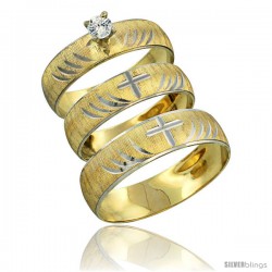 10k Gold 3-Piece Trio Diamond Wedding Ring Set Him & Her 0.10 ct Rhodium Accent Diamond-cut Pattern -Style 10y503w3