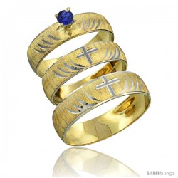 10k Gold 3-Piece Trio Blue Sapphire Wedding Ring Set Him & Her 0.10 ct Rhodium Accent Diamond-cut Pattern -Style 10y503w3