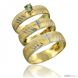 10k Gold 3-Piece Trio Green Sapphire Wedding Ring Set Him & Her 0.10 ct Rhodium Accent Diamond-cut Pattern -Style 10y503w3