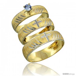 10k Gold 3-Piece Trio Light Blue Sapphire Wedding Ring Set Him & Her 0.10 ct Rhodium Accent Diamond-cut Pattern -Style 10y503w3