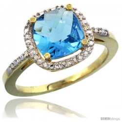 14k Yellow Gold Ladies Natural Swiss Blue Topaz Ring Cushion-cut 3.8 ct. 8x8 Stone Diamond Accent