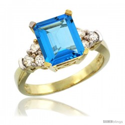 14k Yellow Gold Ladies Natural Swiss Blue Topaz Ring Emerald-shape 9x7 Stone Diamond Accent