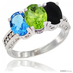 14K White Gold Natural Swiss Blue Topaz, Peridot & Black Onyx Ring 3-Stone 7x5 mm Oval Diamond Accent