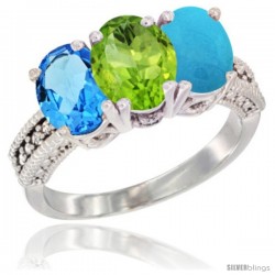 14K White Gold Natural Swiss Blue Topaz, Peridot & Turquoise Ring 3-Stone 7x5 mm Oval Diamond Accent